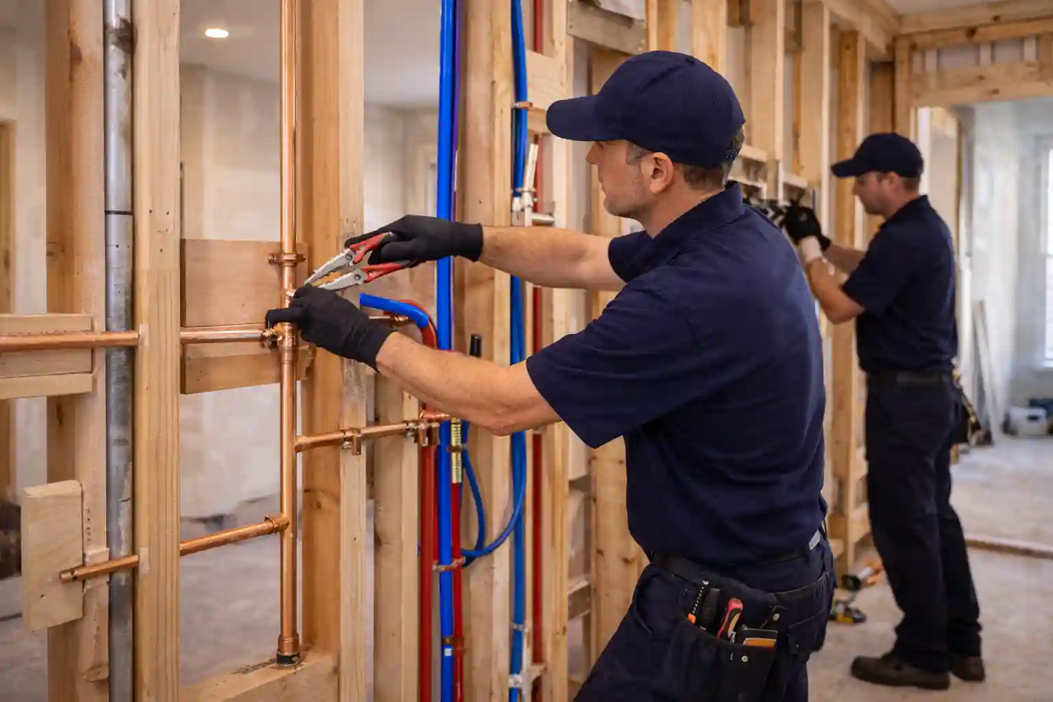 Plumbing crew installing new pipes during whole-house repiping in Sonoma