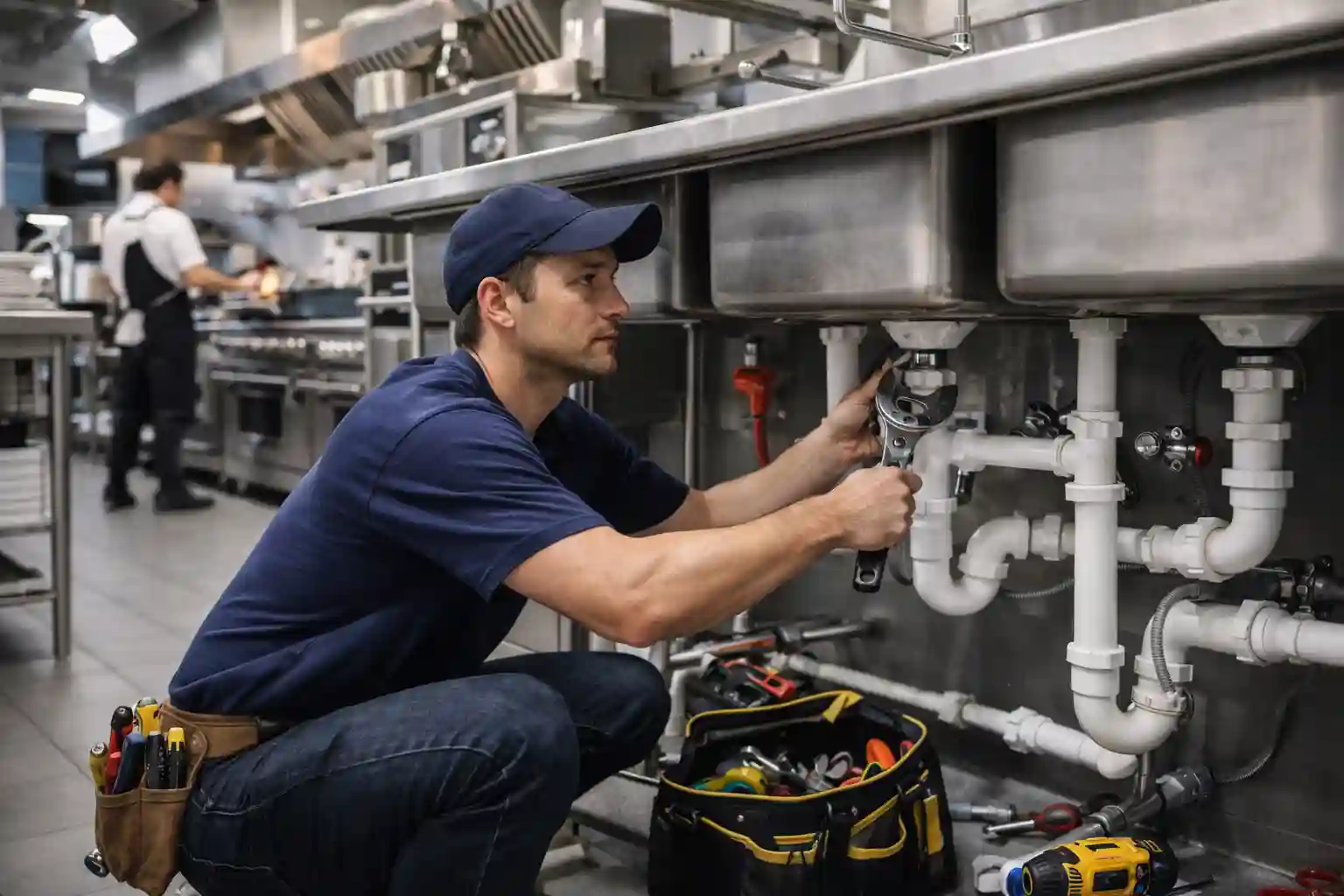 Commercial plumbing repair in a Sonoma restaurant kitchen