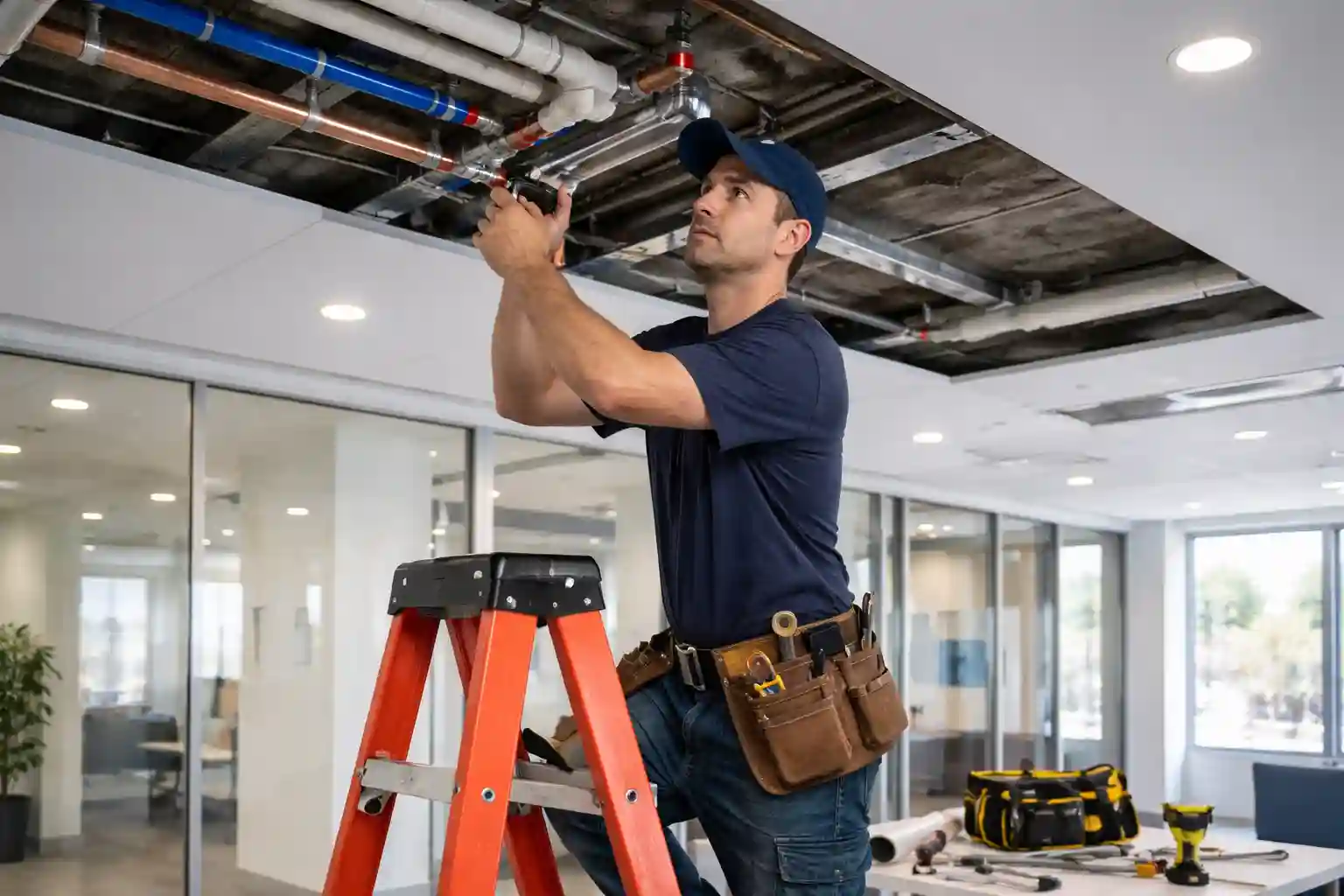 Plumbing work inside a Sonoma office building