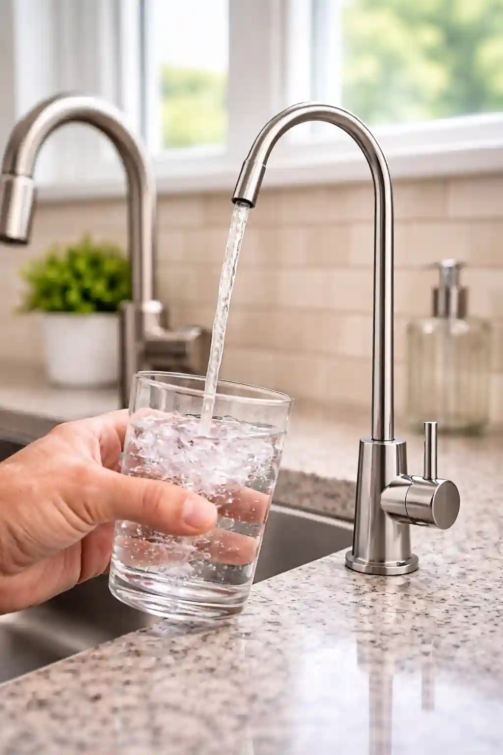 Filtered water flowing from a reverse osmosis faucet in a Sonoma home
