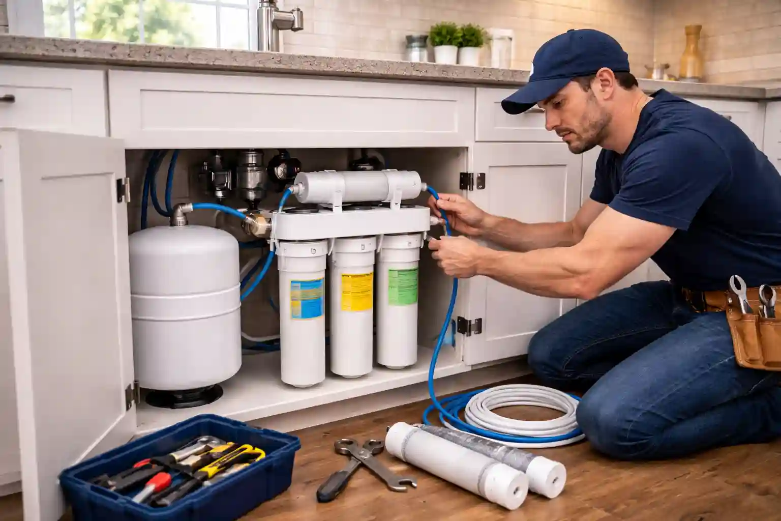 Reverse osmosis system installation under a kitchen sink
