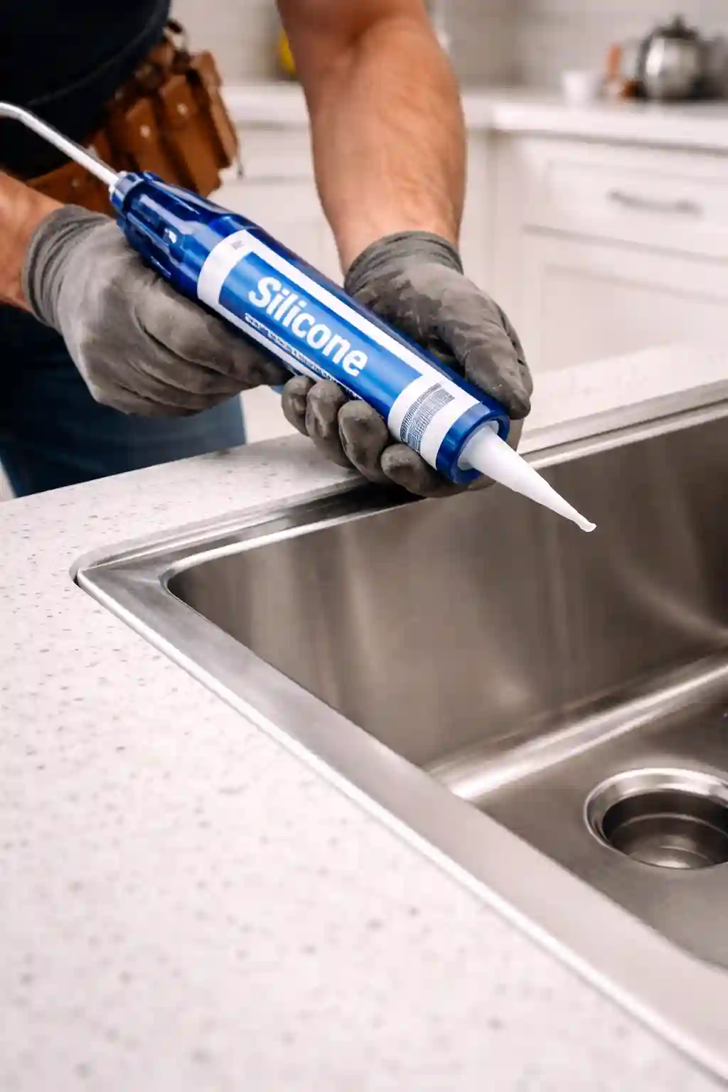 Plumber sealing sink edges during installation