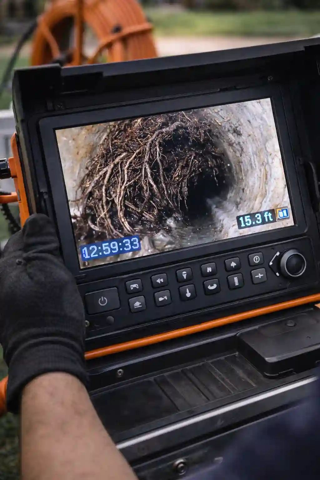 Sewer camera monitor showing tree root blockage inside a drain pipe