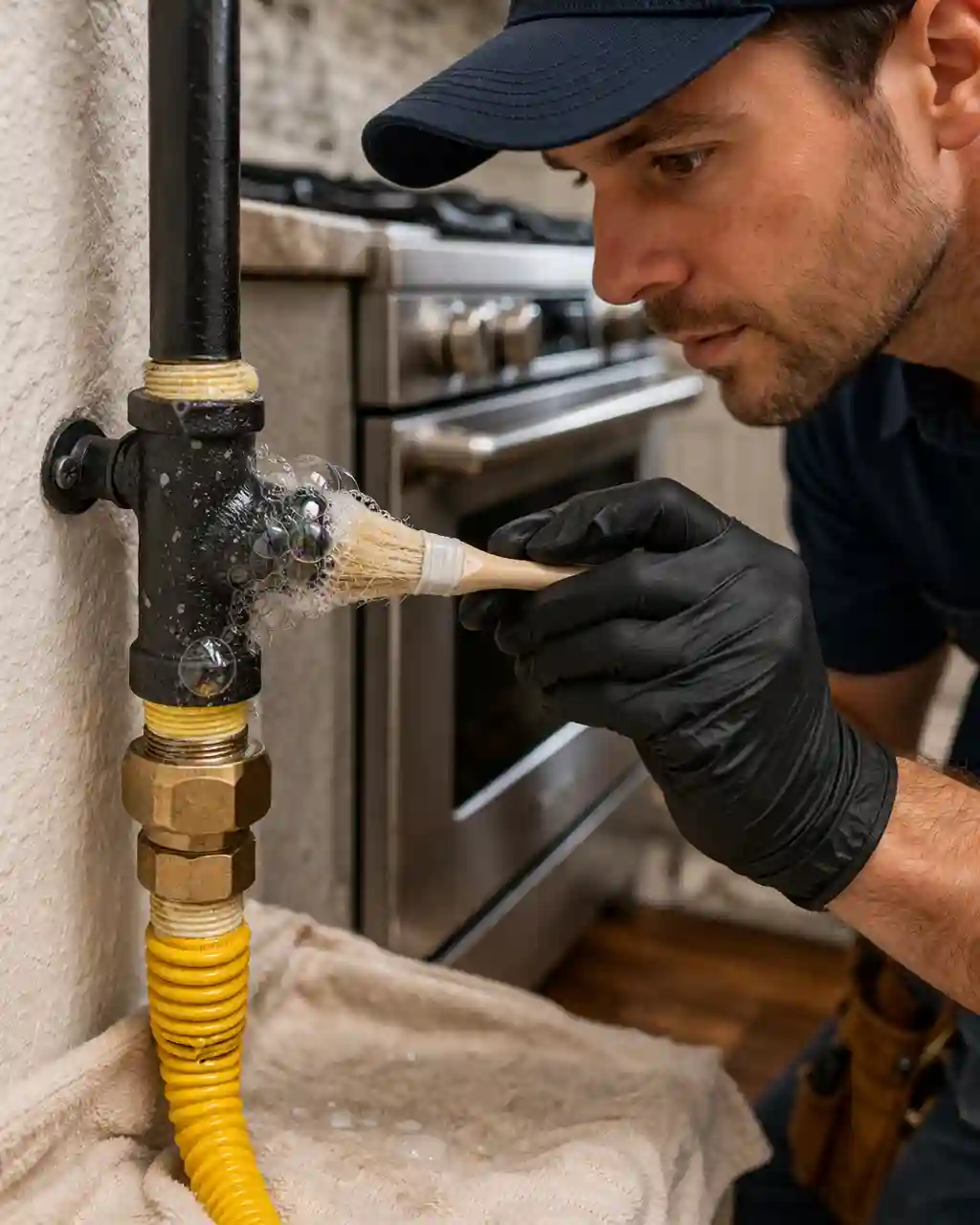 Soap test being used to detect a gas leak
