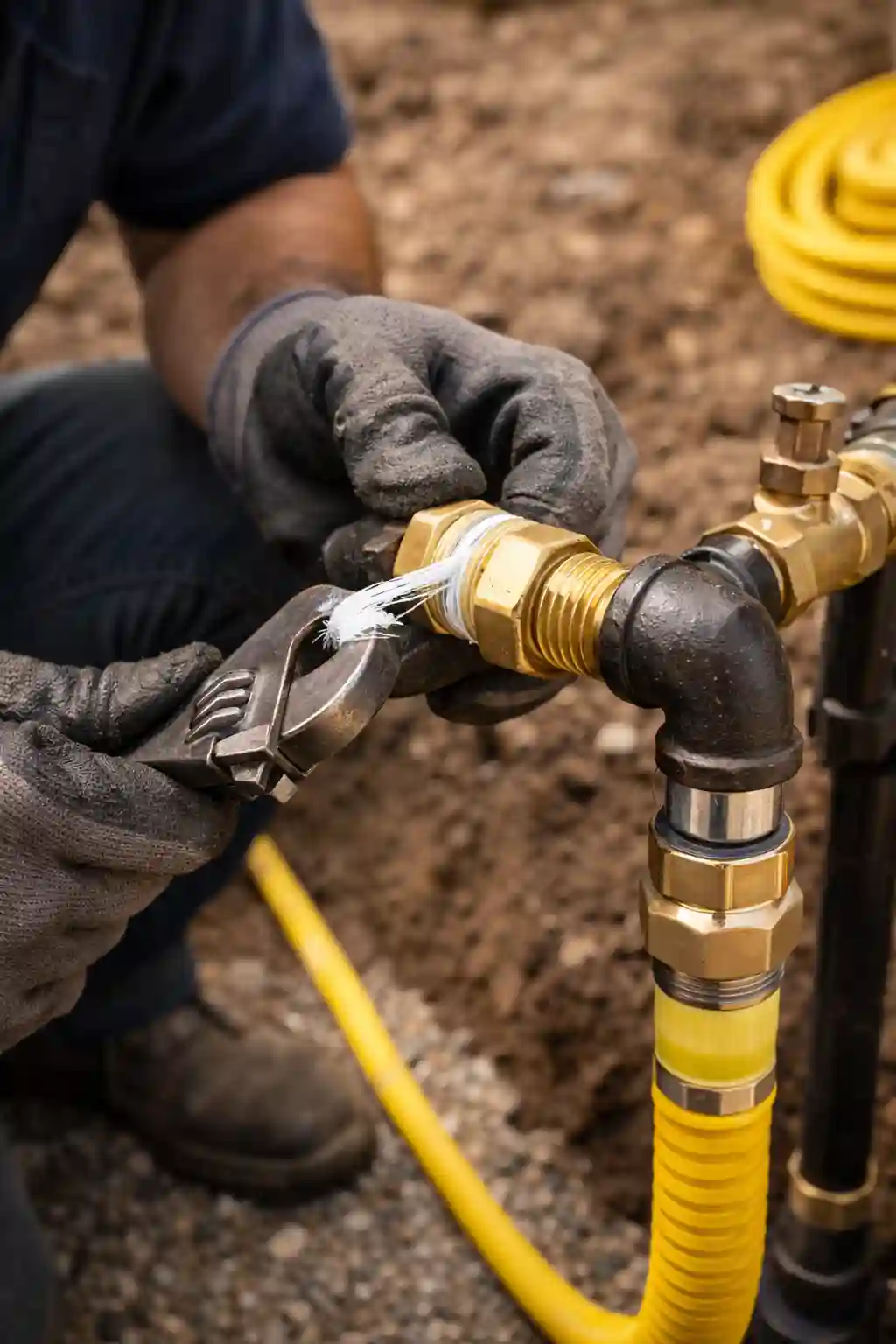 Technician assembling a gas pipe connection