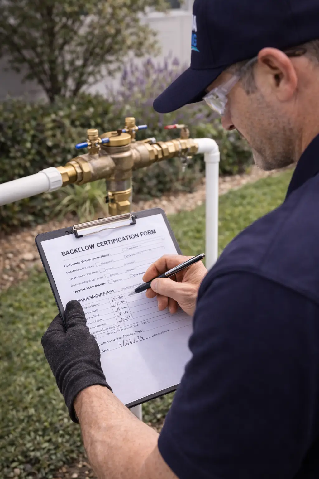Technician completing backflow testing certification paperwork