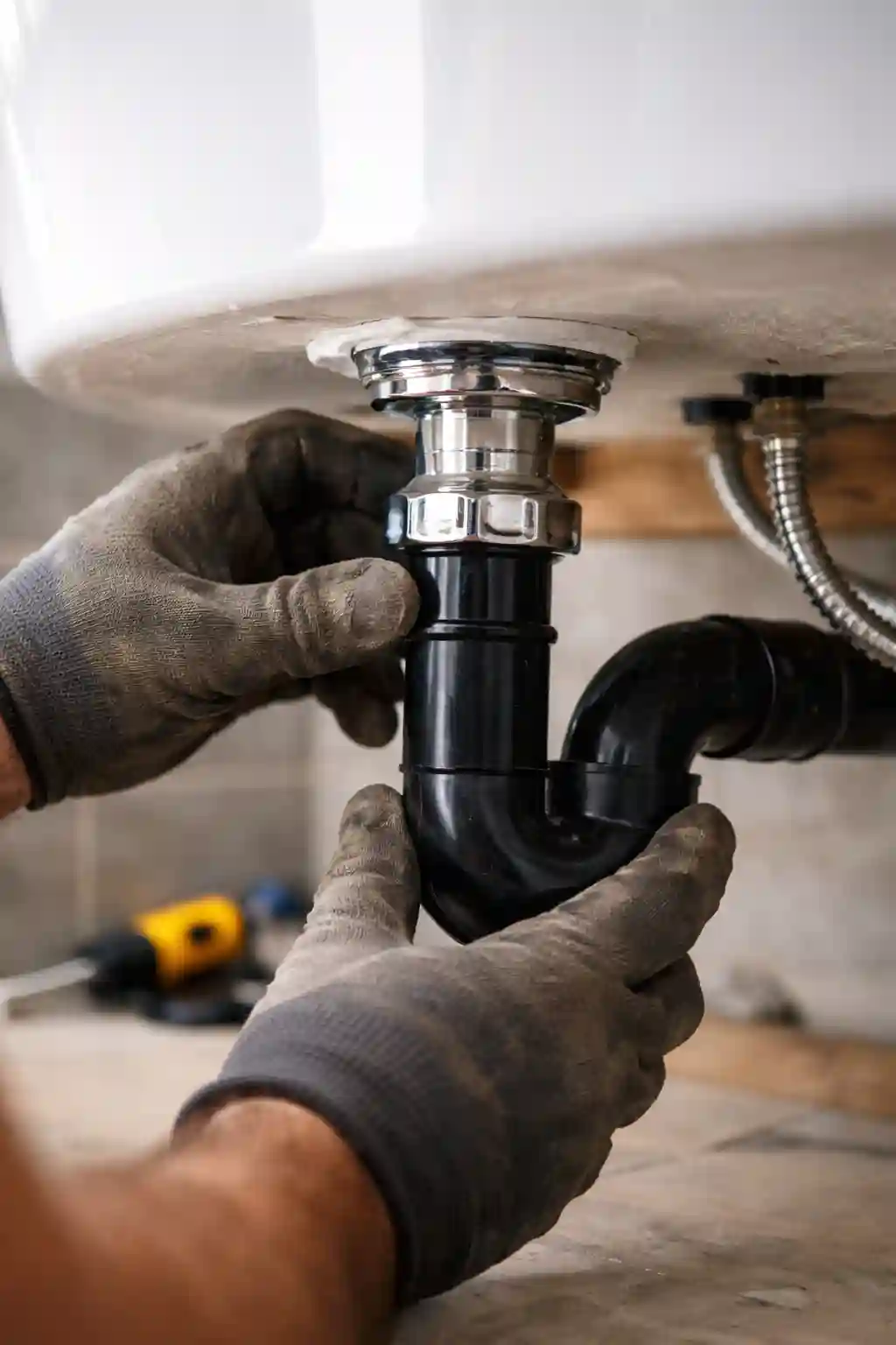 Technician connecting bathtub drain pipe