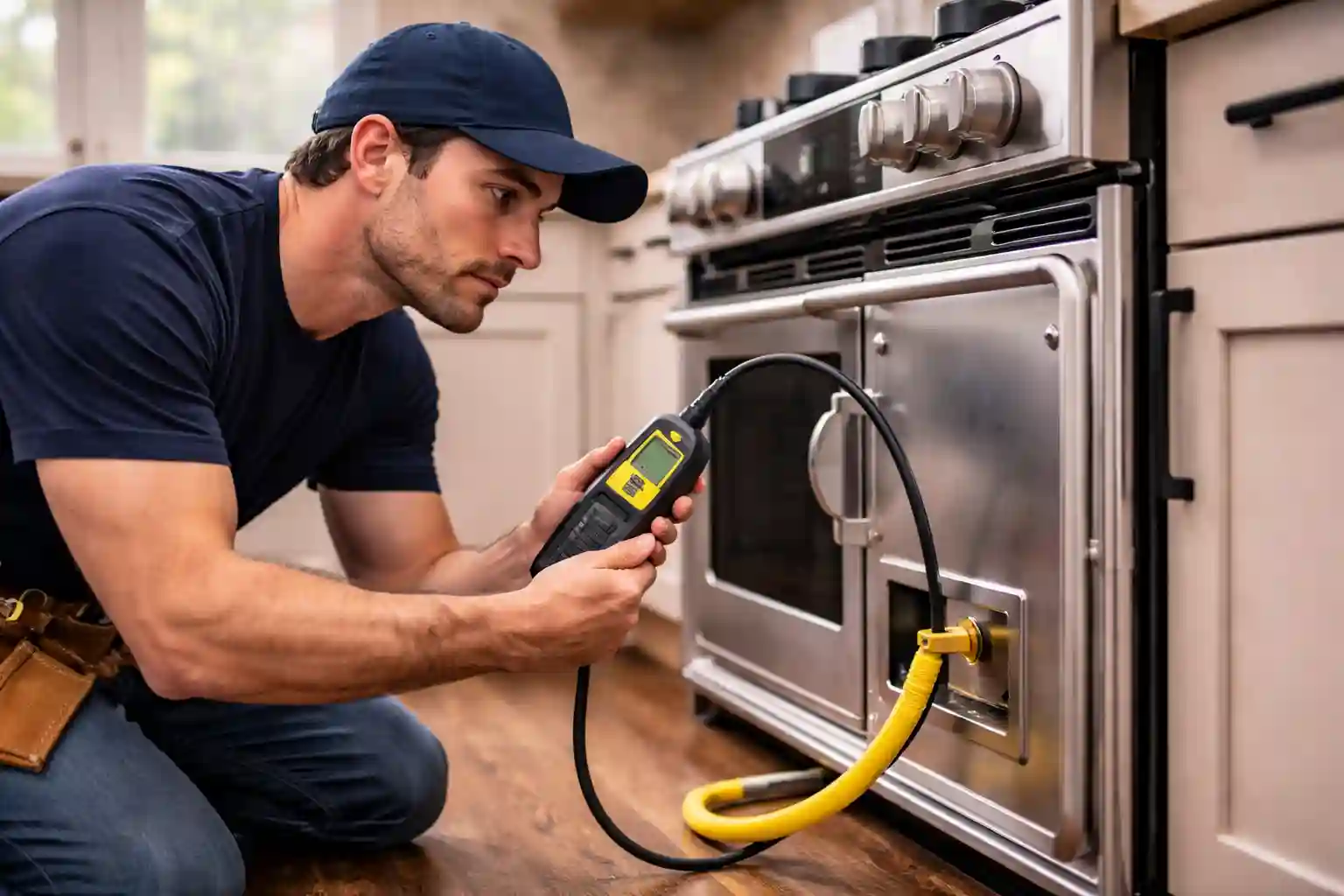 Technician detecting gas leak in a Sonoma kitchen