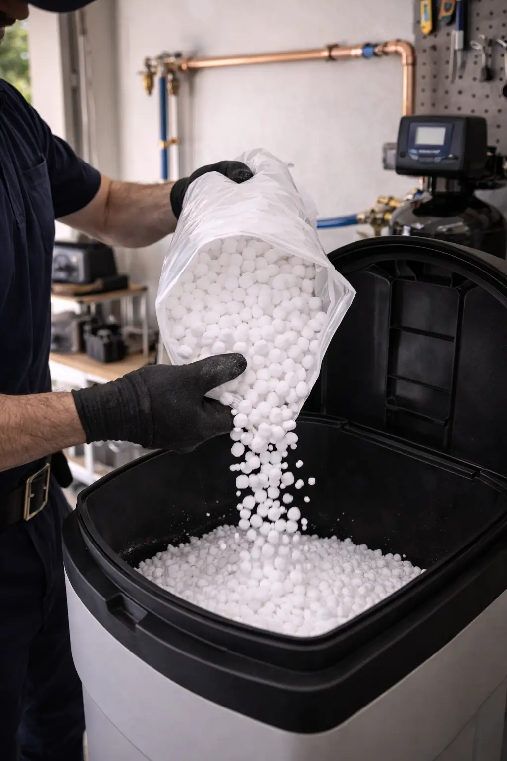 Technician filling a water softener brine tank with salt pellets