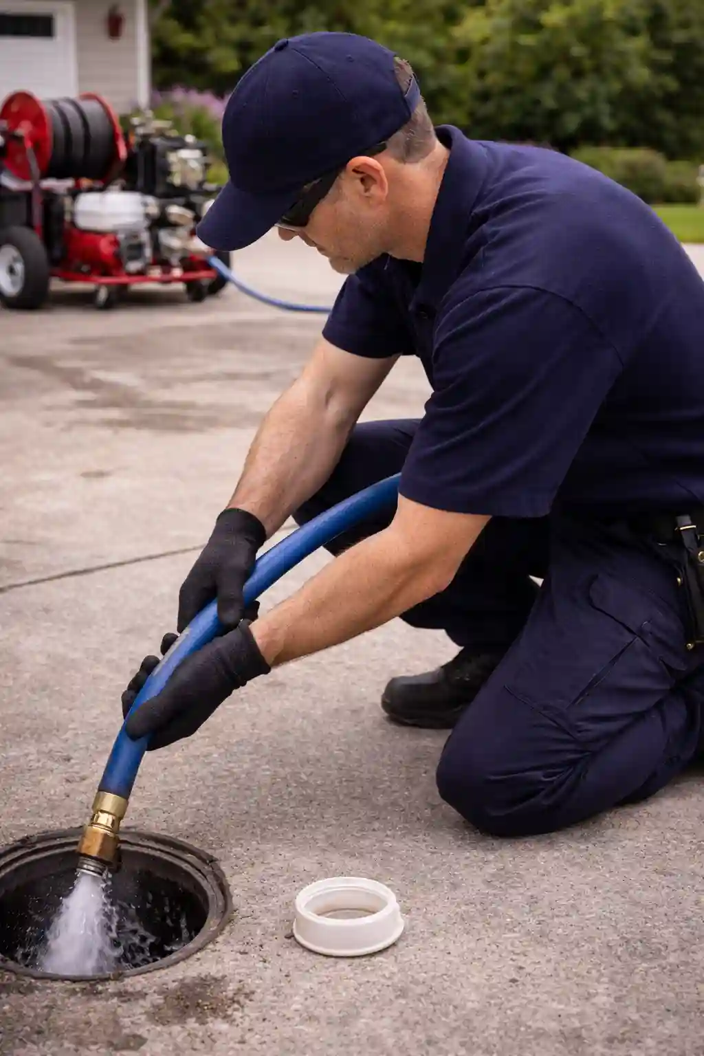 Technician guiding hydro jet hose into sewer cleanout
