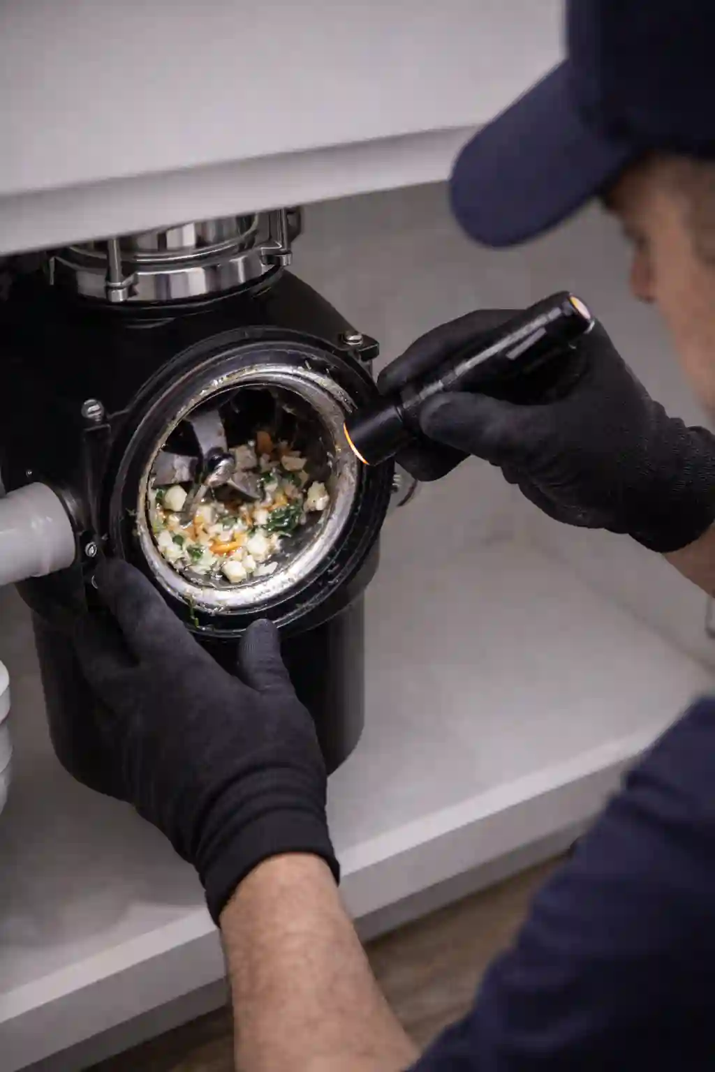 Technician inspecting a clogged garbage disposal unit