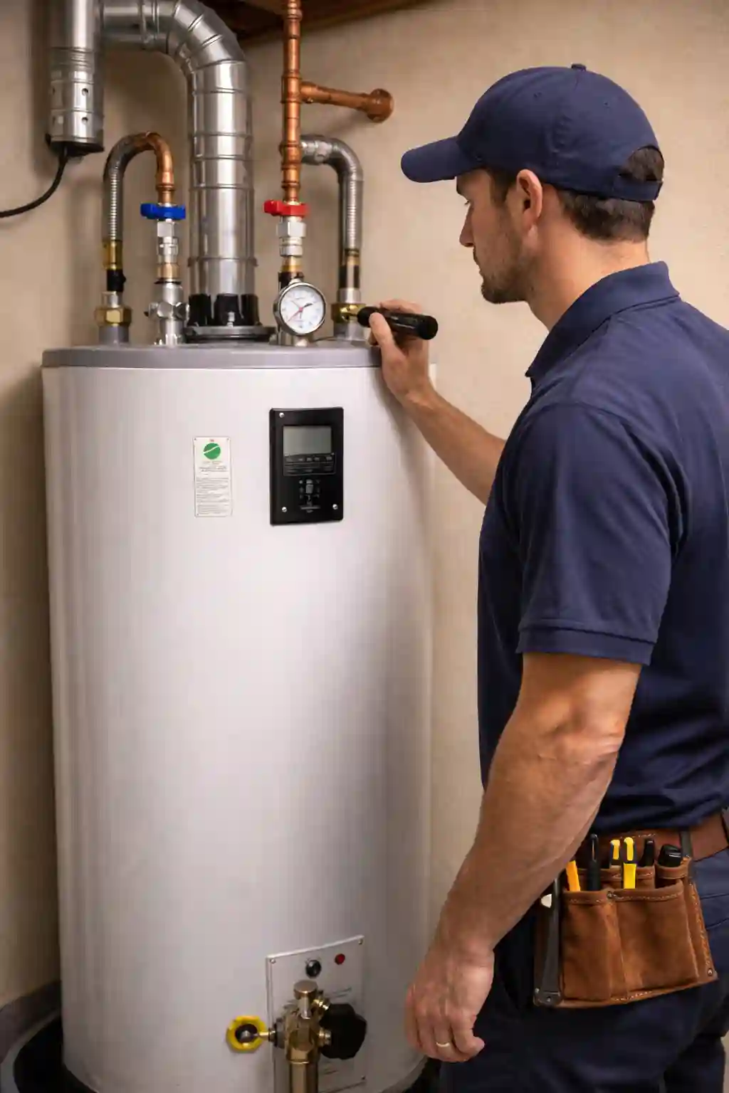 Technician inspecting a maintained water heater in a Sonoma home