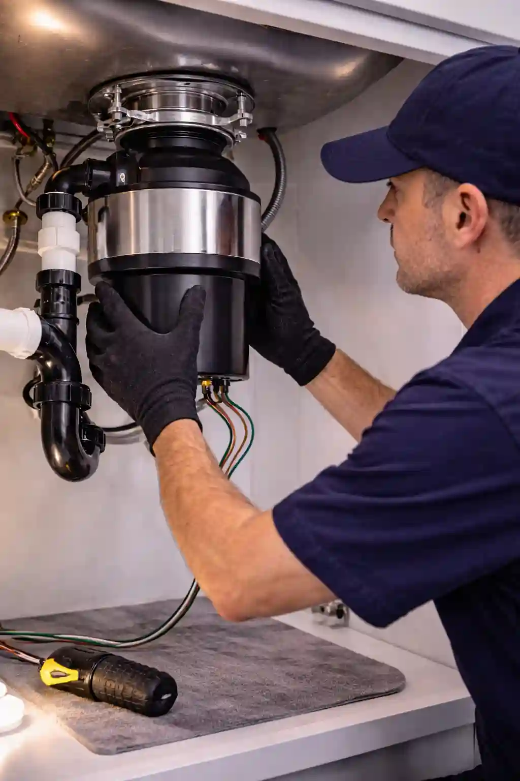 Technician installing a new garbage disposal under a sink