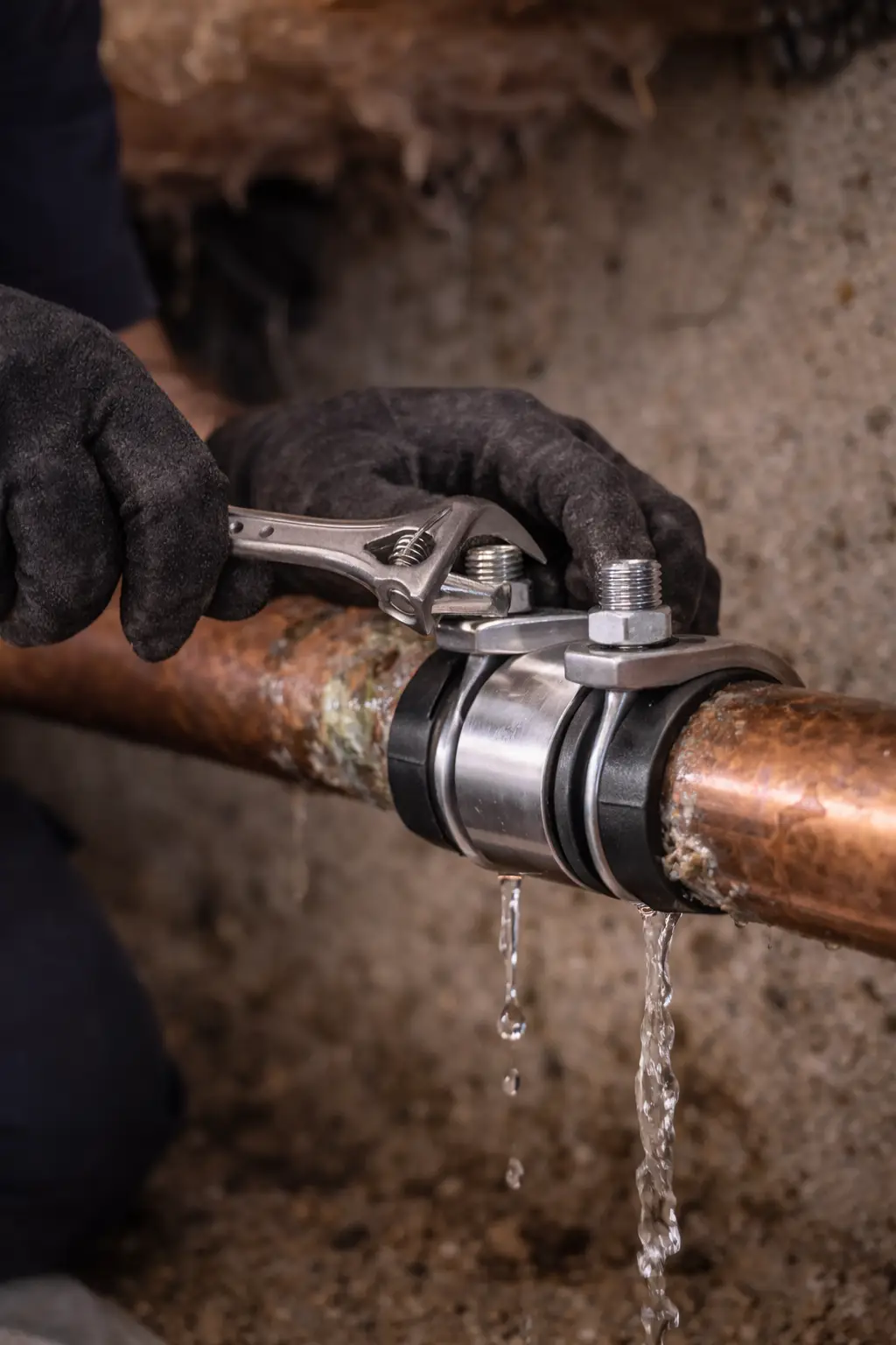 Technician installing a pipe repair clamp to stop a leak