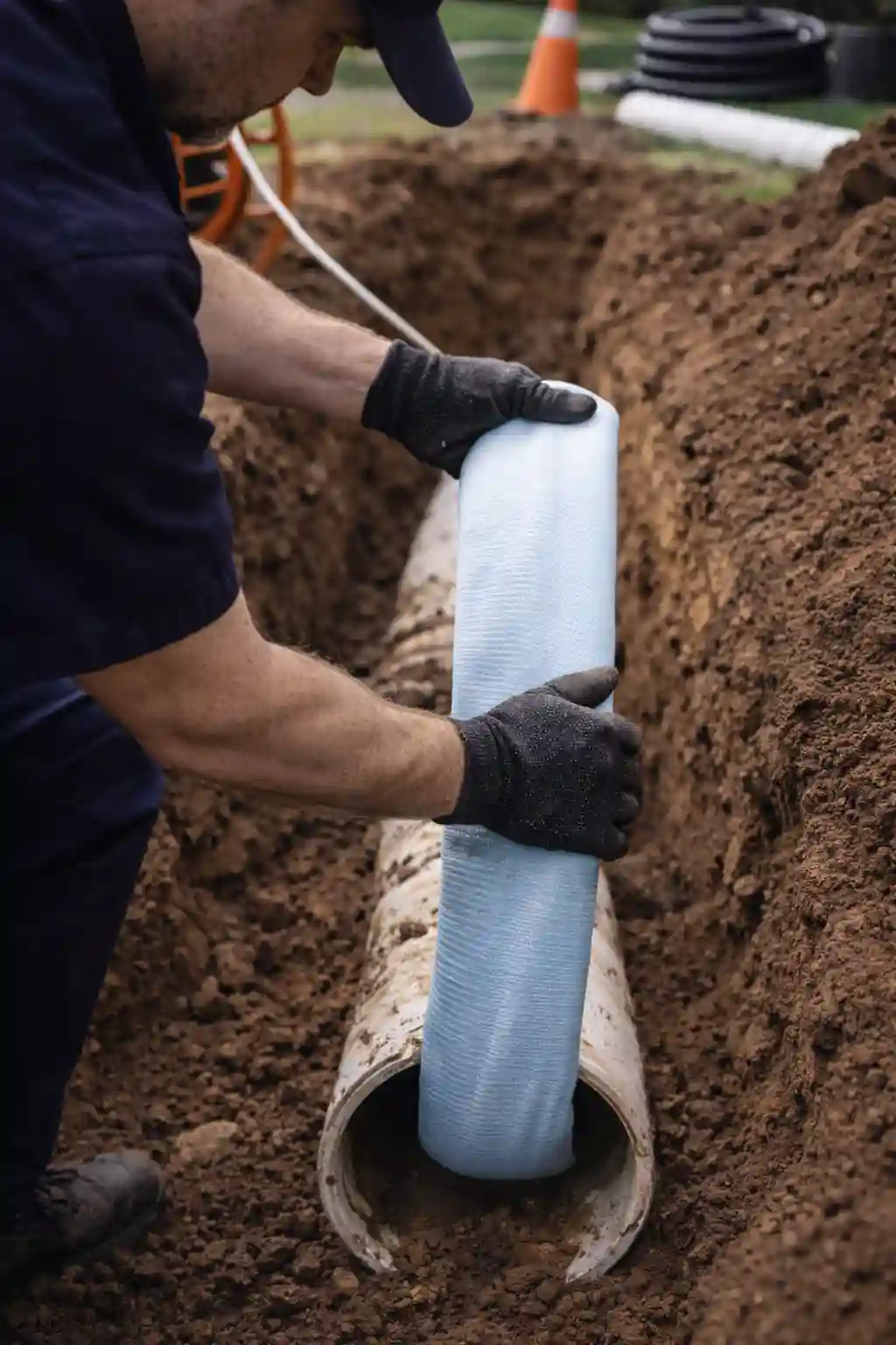 Technician installing a trenchless sewer liner during pipe repair
