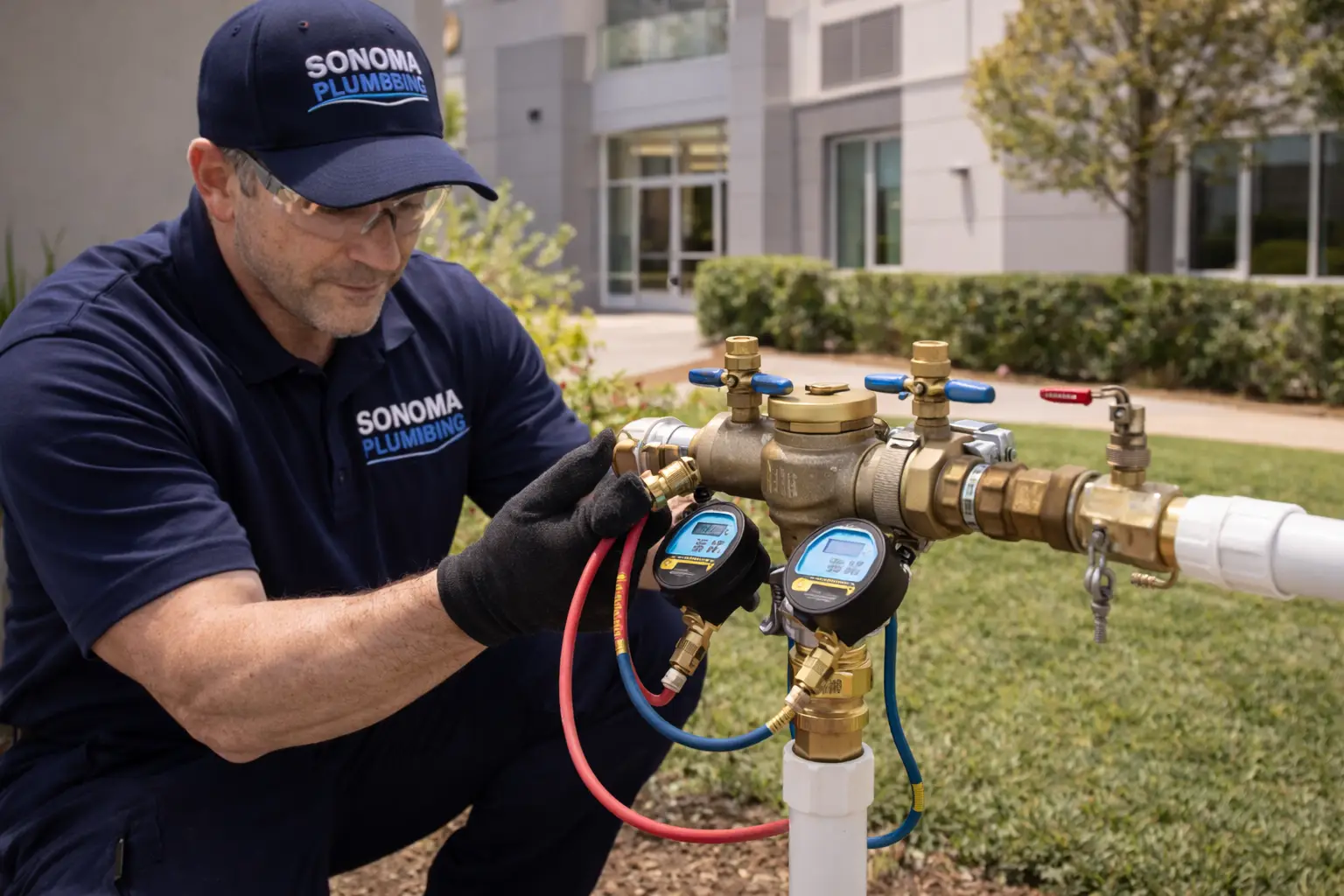 Technician performing backflow testing at a Sonoma commercial property