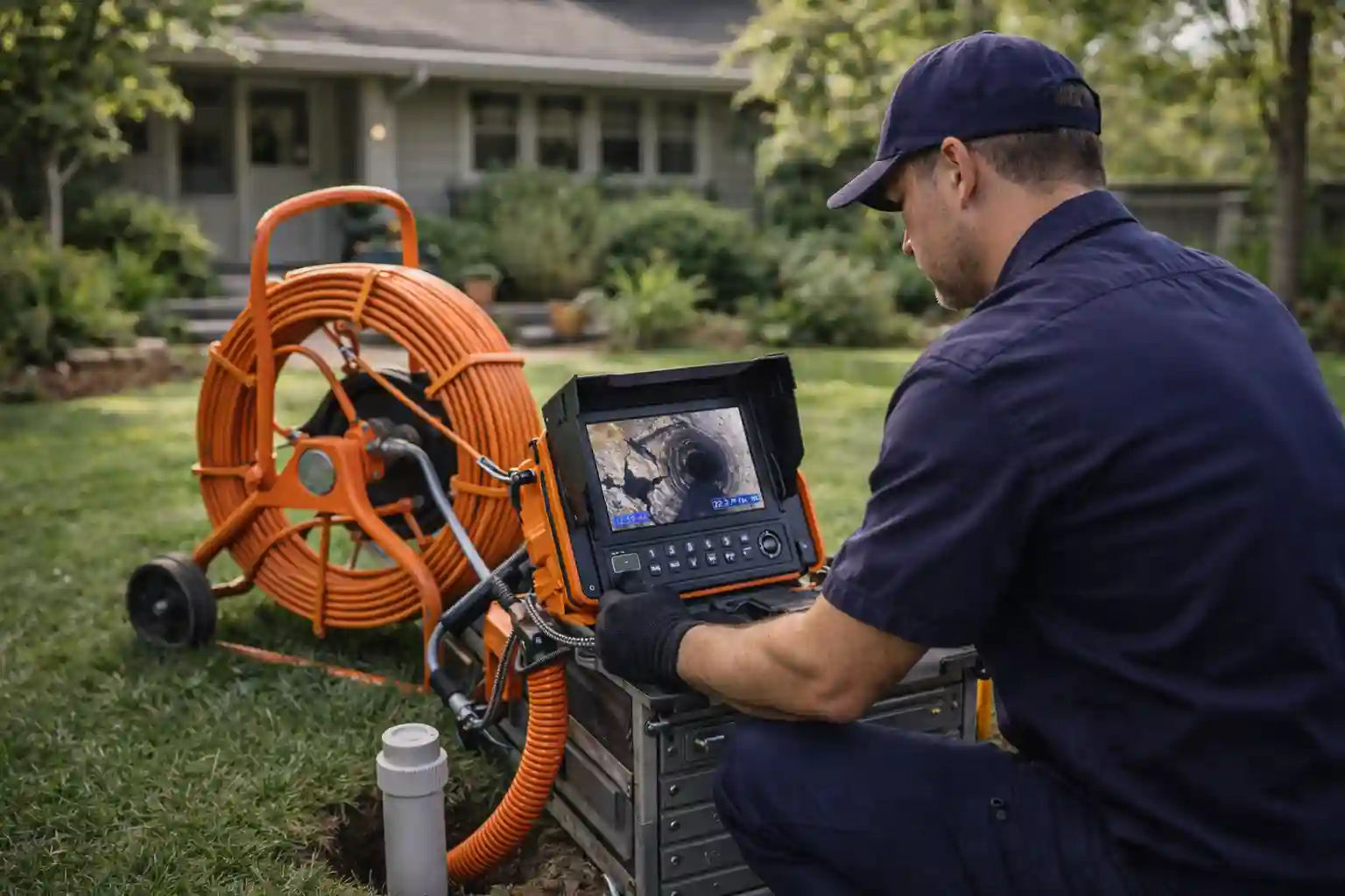 Technician performing a sewer camera inspection at a Sonoma residential property