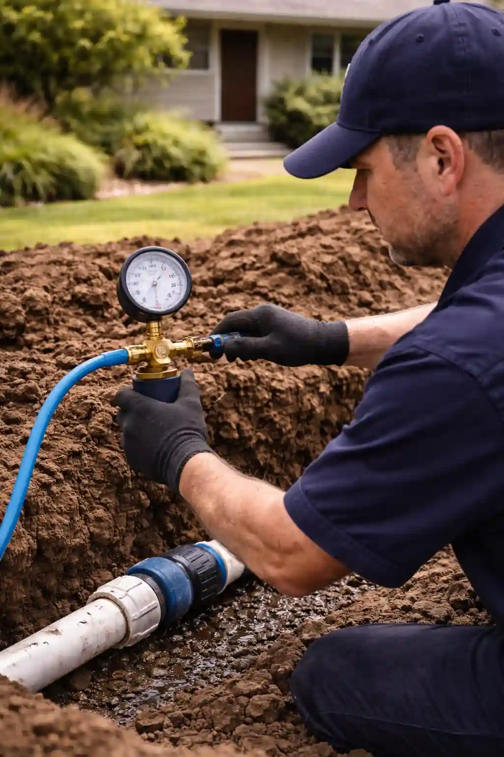 Technician pressure testing a repaired residential water line