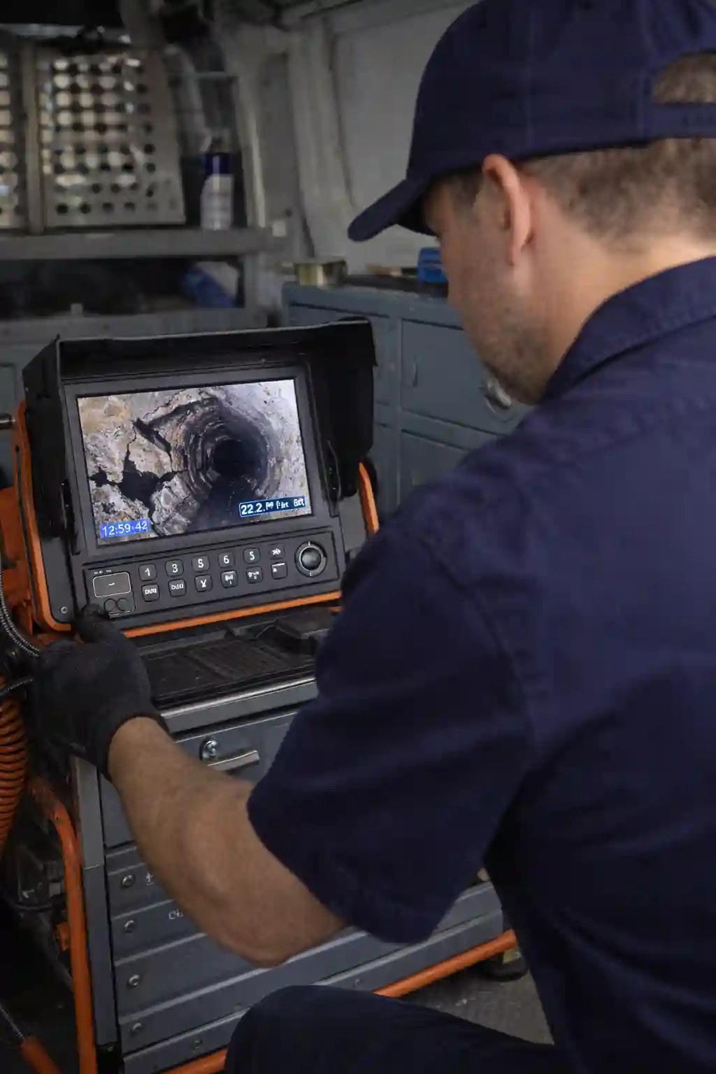 Technician reviewing sewer camera footage during line repair inspection