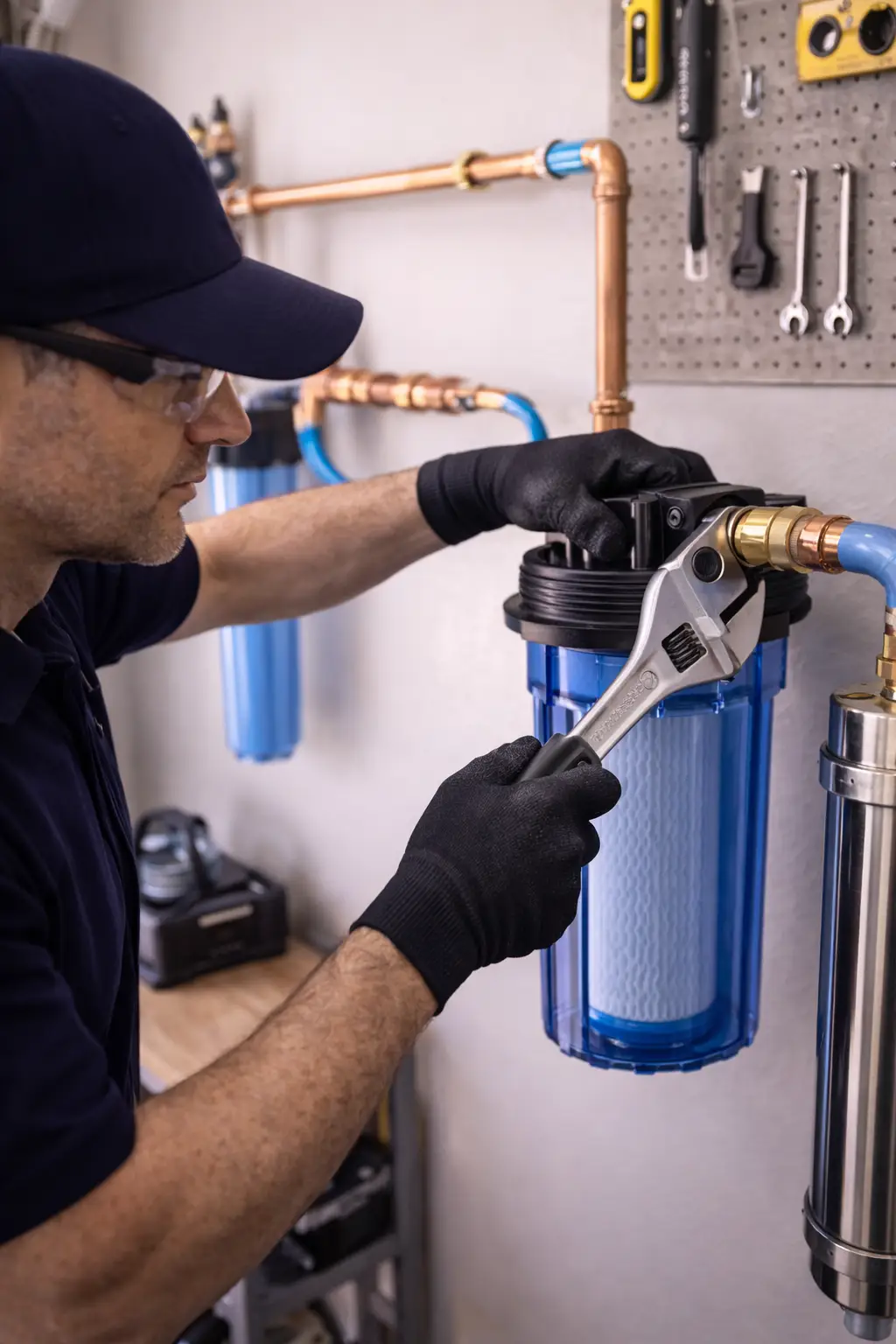 Technician securing pipe connection on a whole-house water filtration system in Sonoma