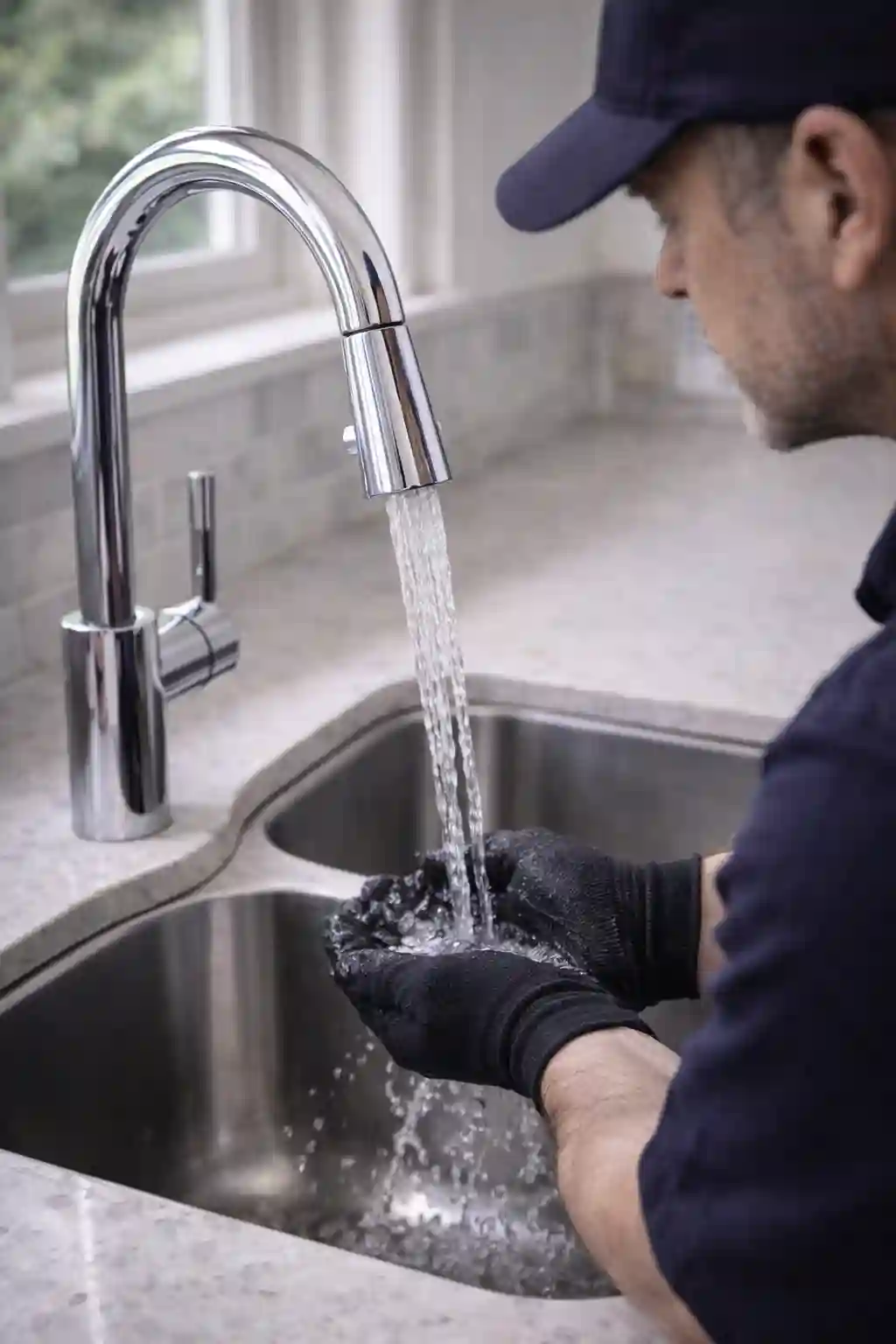 Technician testing water flow after completing a faucet repair