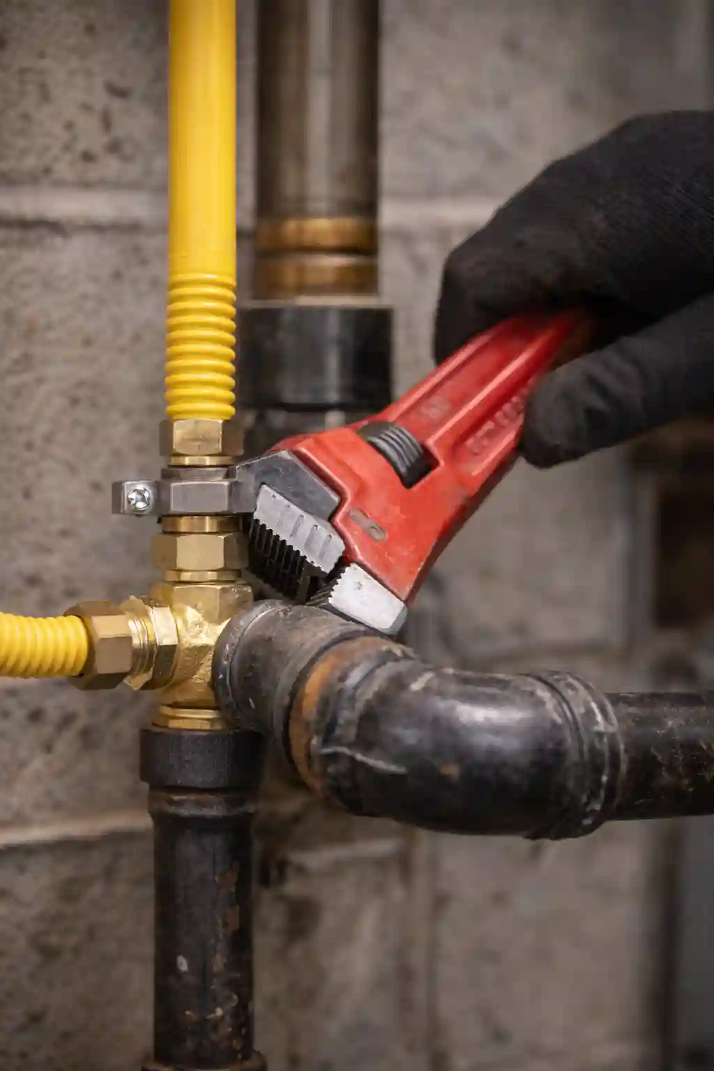 Technician tightening a residential gas line connection fitting