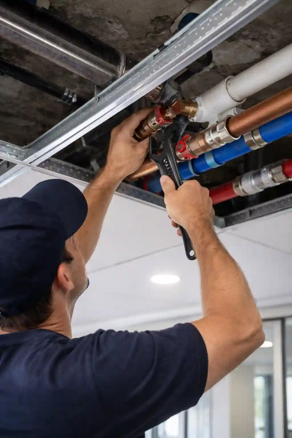 Technician working on office building plumbing pipes in Sonoma