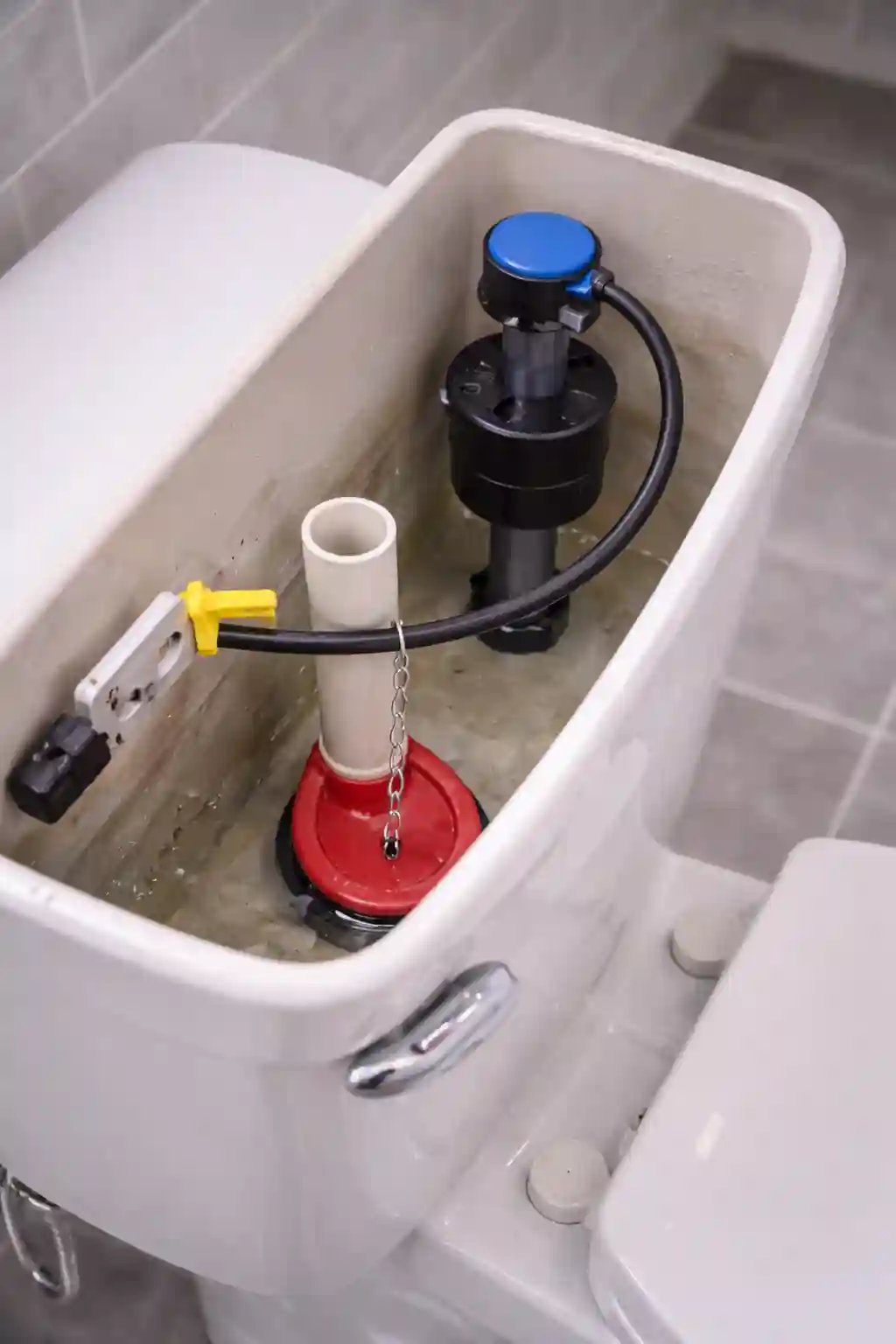 Toilet tank components exposed during a repair service