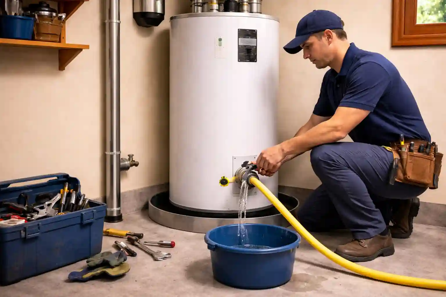 Routine tank water heater maintenance service in progress