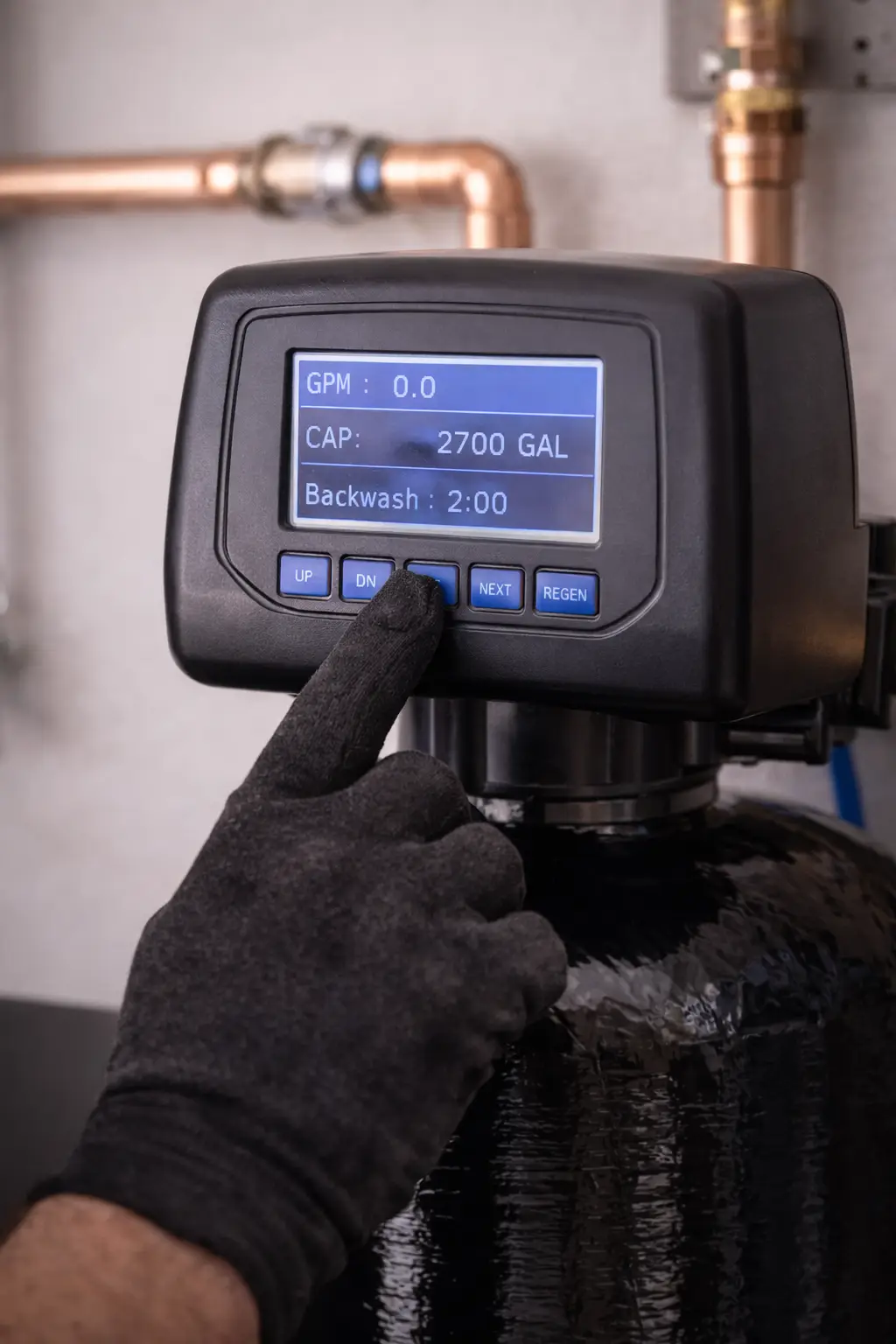 Water softener control panel being adjusted by a technician